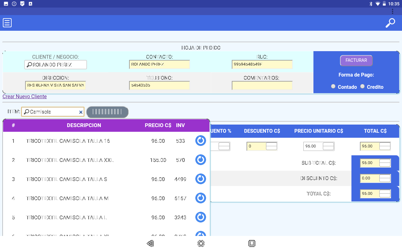 Sistema de Facturación Android, Lector de Codigos de Barras y vista de previa para impresion.